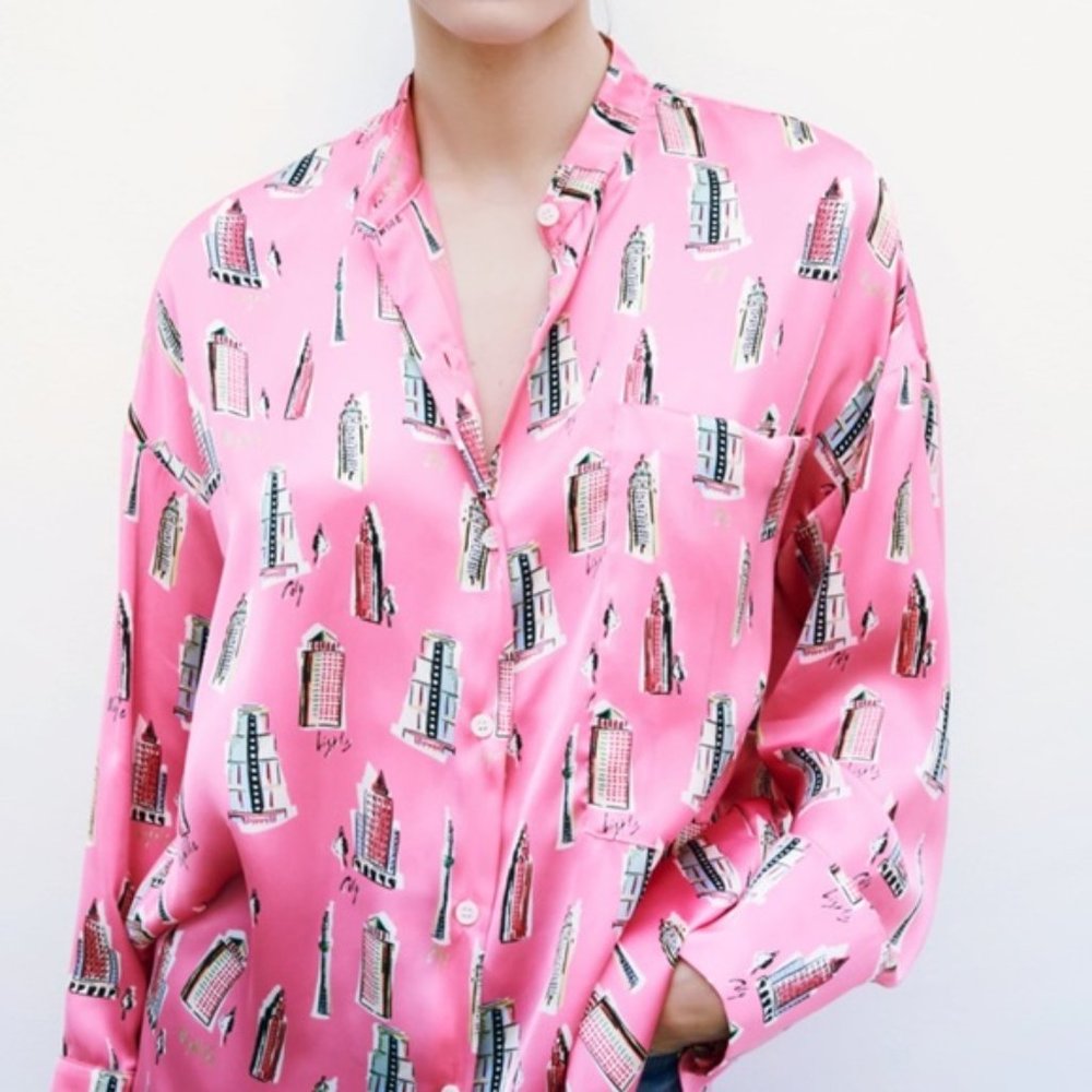 Zara Printed Buildings Nightlife Satin Shirt Pink